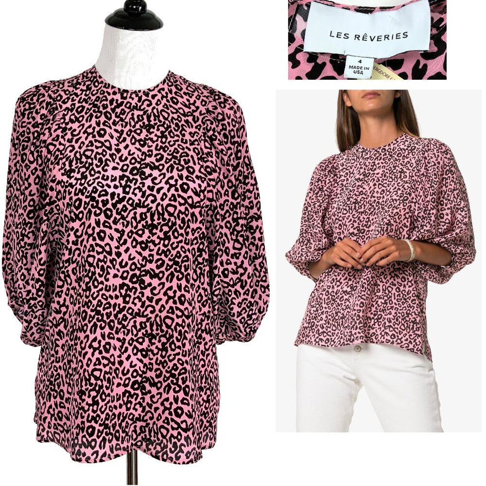 New Les Reveries Silk Balloon Sleeve Animal Leopard Print Blouse Pink Size 4 - Picture 1 of 16